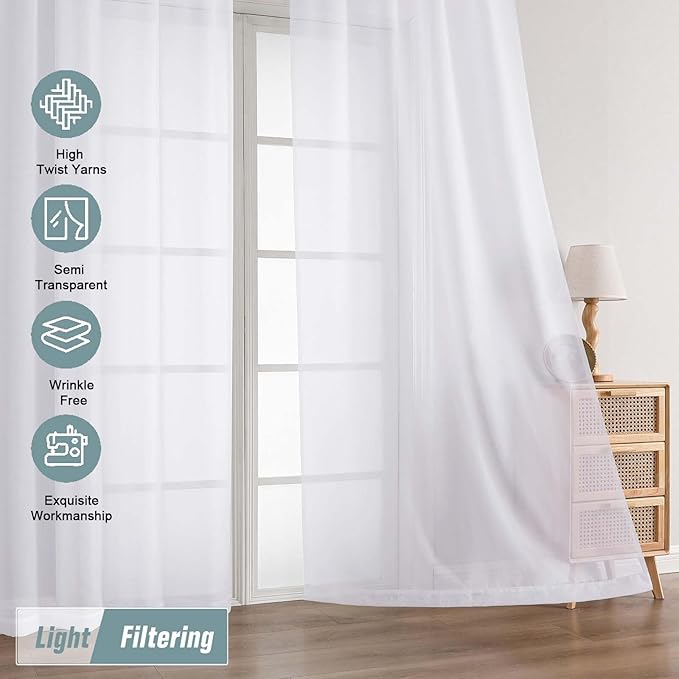 White Sheer Curtains for Bedroom 84 Inches Long 2 Panels Set, Light Filtering Elegant Soft Airy Modern Sheer White Curtains for Living Room, Dual Rod Pocket Window Drapes, 2x40Wx84L Inches