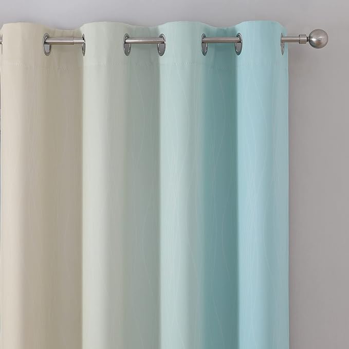 Estelar Textiler Beige and Aqua Ombre Blackout Curtains 90 Inch Length 2 Panels Set, Thermal Insulated Drapes for Bedroom, Full Room Darkening Grommet Gradient Curtains for Living Room,52Wx90L