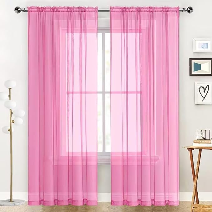 SpaceDresser Basic Rod Pocket Sheer Voile Window Curtain Panels Pink 1 Pair 2 Panels 52 Width 72 Inch Long for Kitchen Bedroom Children Living Room Yard（Pink, 52W x 72L）