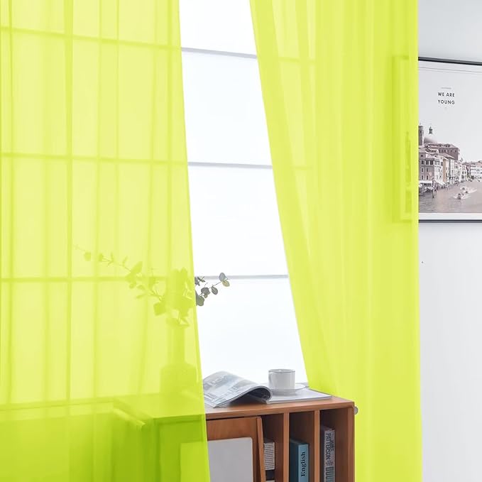 SpaceDresser Basic Rod Pocket Sheer Voile Window Curtain Panels Chartreuse 1 Pair 2 Panels 52 Width 54 Inch Long for Kitchen Bedroom Children Living Room Yard（Chartreuse, 52W x 54L）