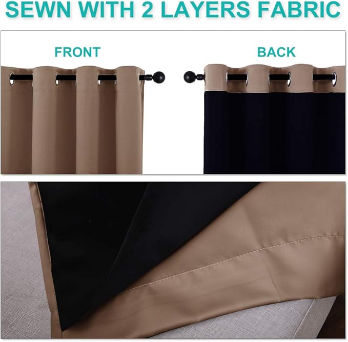 NICETOWN Living Room Completely Shaded Draperies, Privacy Protection & Noise Reducing Ring Top Drapes, Black Lined Insulated Window Treatment Curtain Panels(Cappuccino, 2 Pieces, W70 x L72)
