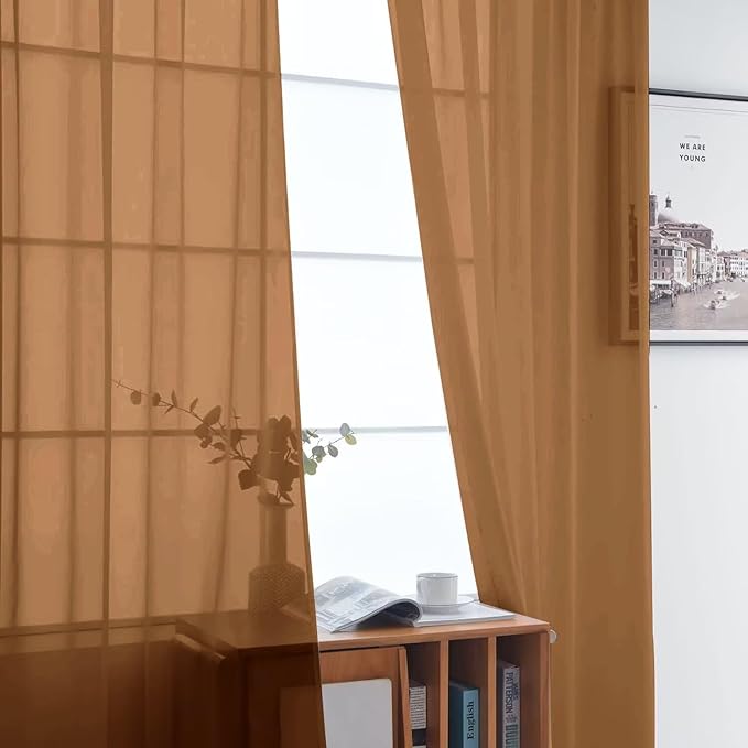 SpaceDresser Basic Rod Pocket Sheer Voile Window Curtain Panels Light Brown 1 Pair 2 Panels 52 Width 63 Inch Long for Kitchen Bedroom Children Living Room Yard（Light Brown, 52W x 63L）