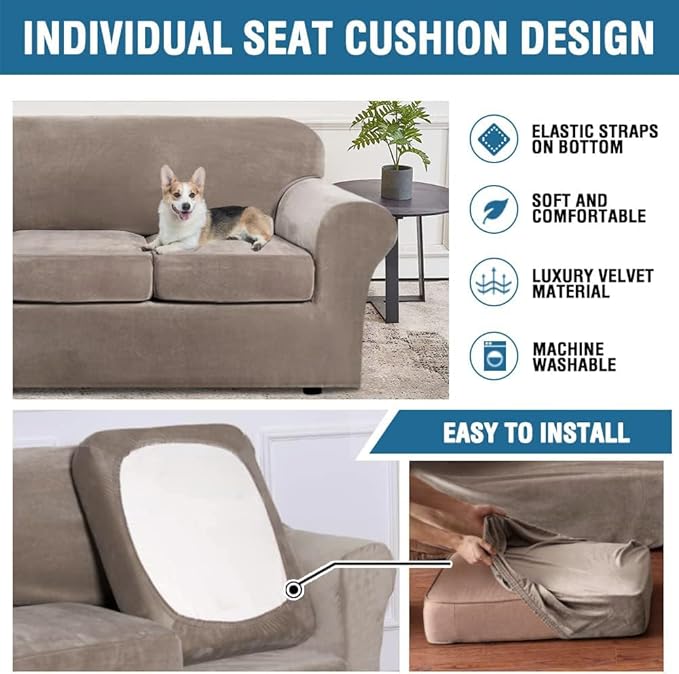 H.VERSAILTEX Real Velvet Plush 3 Piece Stretch Sofa Covers Couch Covers for 2 Cushion Couch Loveseat Covers Width Up to 72 Inch Feature Thick Soft Stay in Place (Medium Sofa, Taupe)