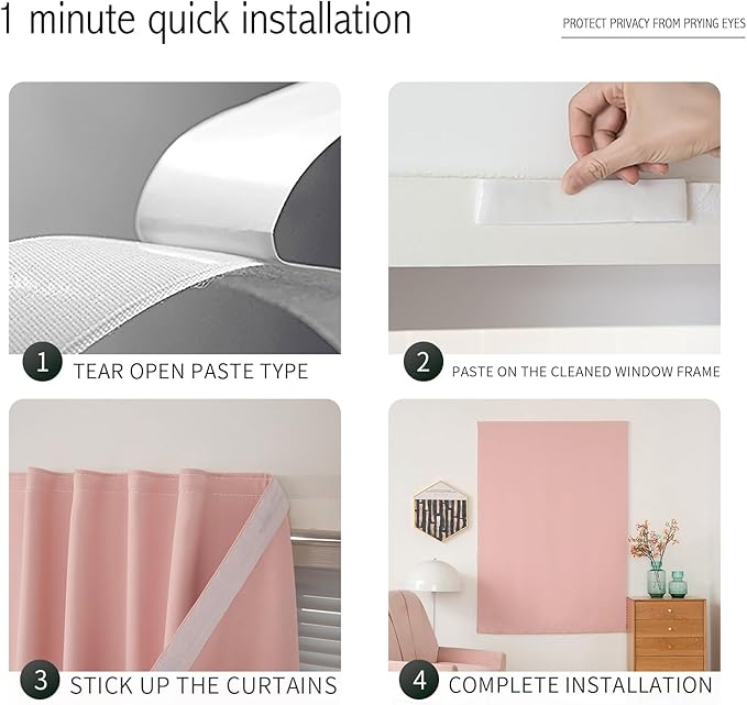 Self Adhesive Curtains, Stick Curtain Blackout Shades Window Cover Curtains for Living Room No Drilling, 47" W X 84" L, Pink, 1 Panel