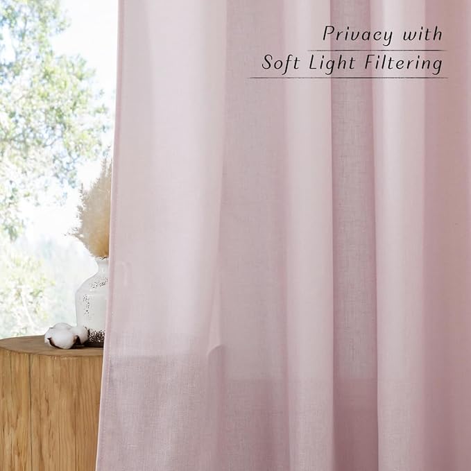 NICETOWN Blush Pink Linen Curtains for Kitchen, Thick Flax Small Window Treatments Semi Sheer Privacy Assured with Light Through for Cafe/Bathroom, W34 x L80, 2 Panels