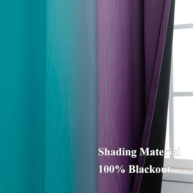 Estelar Textiler Ombre Teal and Purple Blackout Curtains 54 Inch Length 2 panels, Grommet Thermal Insulated Gradient Drapes for Kids Room, Full Light Blocking Blackout Curtains for Bedroom, 52x54 Inch