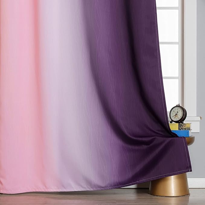 Pink and Purple Curtains 45 Inch Length 2 panels, Full Light Blocking Ombre Blackout Curtains for Kids Room, Thermal Insulated Noise Reducing Gradient Blackout Curtains for Girls Bedroom, 52x45 Inch