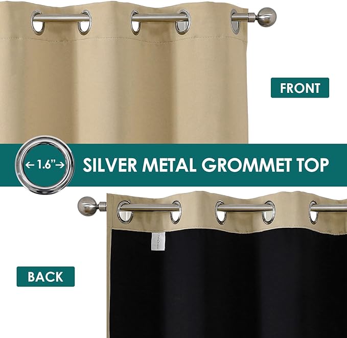 ChrisDowa 100% Blackout Curtains 80 inch Long for Bedroom with Black Liner, 2 Thick Layers Total Blackout Thermal Insulated Grommet Window Curtains 2 Panels Set (Beige, 52 x 80 Inch)