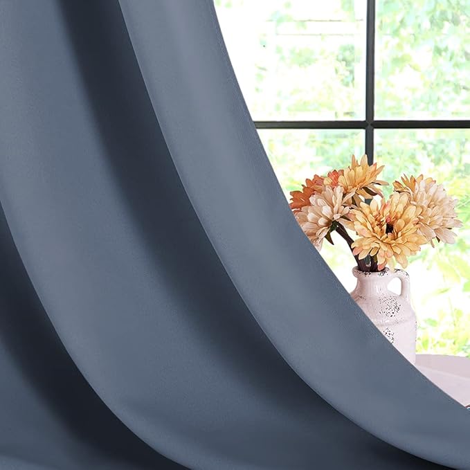 NICETOWN Blackout Draperies Curtains for Kids Room, Window Treatment Thermal Insulated Solid Grommet Blackout Drape Panels for Bedroom (Stone Blue, Set of 2, 70 by 84 inches)