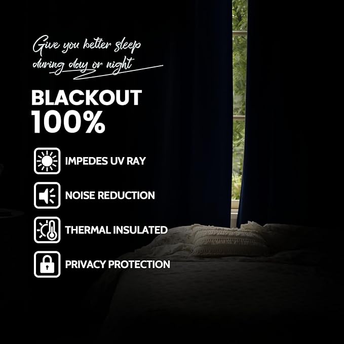Yakamok Navy Blue 100% Blackout Curtains 96 Inches Long Thermal Insulated Window Curtain for Bedroom Living Room Darkening Set of 2 Panels Grommet Top Drapes with 2 Thick Layers 52x96 Inches Dark Blue