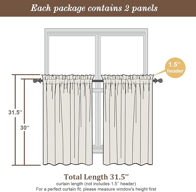 Chyhomenyc Sky Blue Sheer Curtains 30 inch Length 2 Panels, Light Filtering Voile Rod Pocket Short Window Curtians for Bathroom Living Room Farmhouse Small Windows, 42Wx30L inches