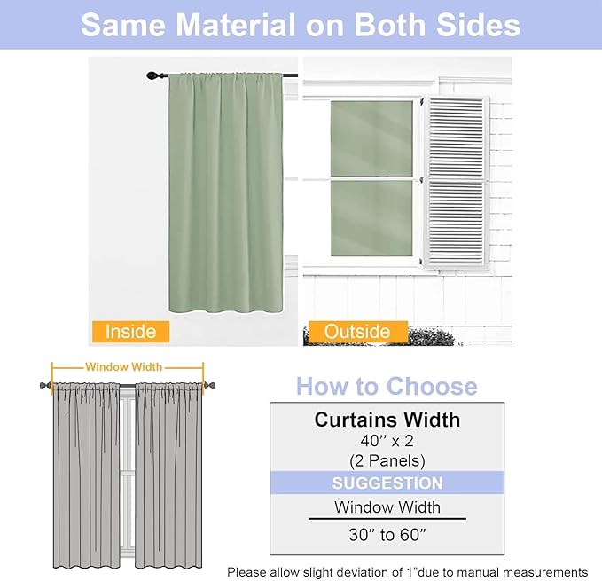 Simplebrand Ava Light Green Short 36 Inches Blackout Curtain 2 Panels Set, Half Window Rod Pocket Privacy Curtain Tiers for Kitchen, Curtains Blackout for Bathroom Shades, W40 x L36 Inch, Light Green
