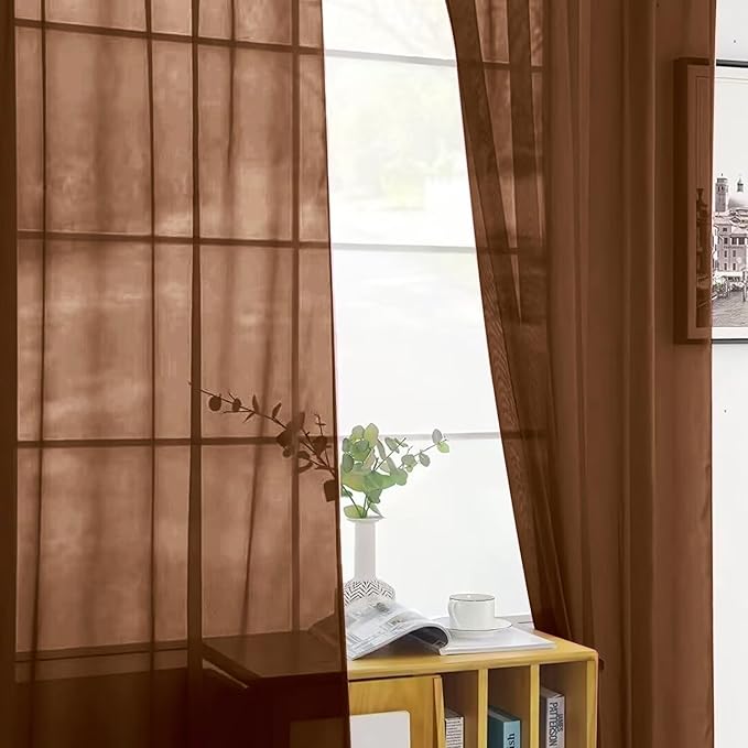 SpaceDresser Sheer Voile Window Treatment Rod Pocket Curtain Panels for Kitchen Bedroom Living Room Drapes Sunlight Filtering Privacy Semi Home Decor Assorted (Brown, 52 W x 84 L)