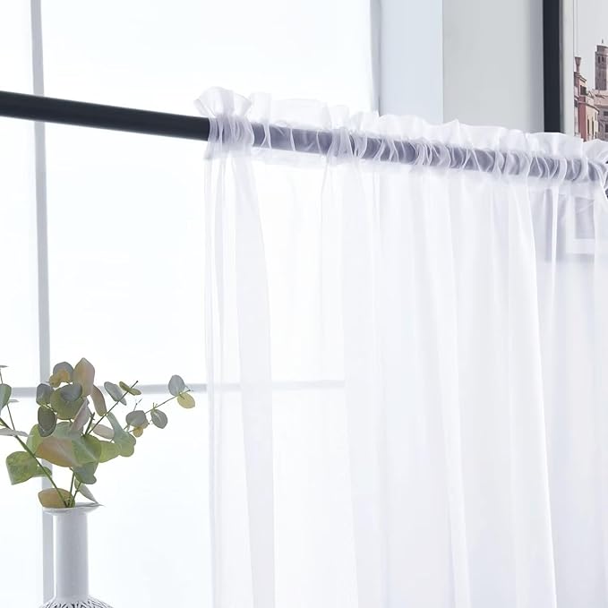 SpaceDresser Optical White Sheer Curtains 4 Panels Rod Pocket Semi-Sheer Curtain 90 Inches Long Light Filtering Voile Window Drapes for Bedroom Living Room Kitchen, Each 52W x 90L