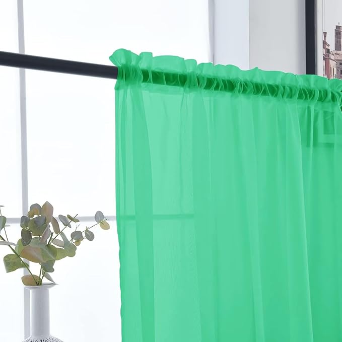 SpaceDresser Basic Rod Pocket Sheer Voile Window Curtain Panels Grass Green 1 Pair 2 Panels 52 Width 45 Inch Long for Kitchen Bedroom Children Living Room Yard（Grass Green, 52W x 45L）