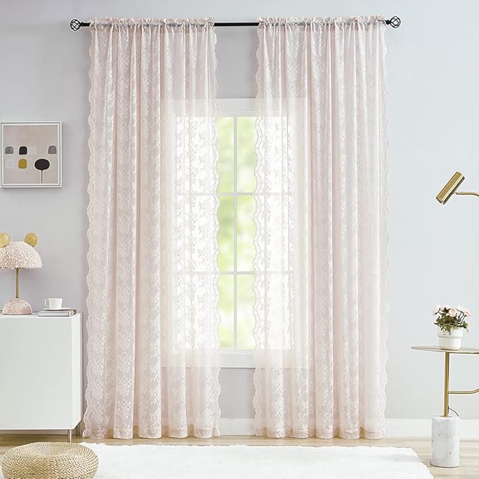 YJ YANJUN Vintage Lace Curtains 84 Inches Long-Victorian Floral Dusty Pink Sheer Curtain Panels for Living Room Bedroom Dining Room, Light Filtering, Shabby Chic Girls Drapes 2 Panels 52W x 84L