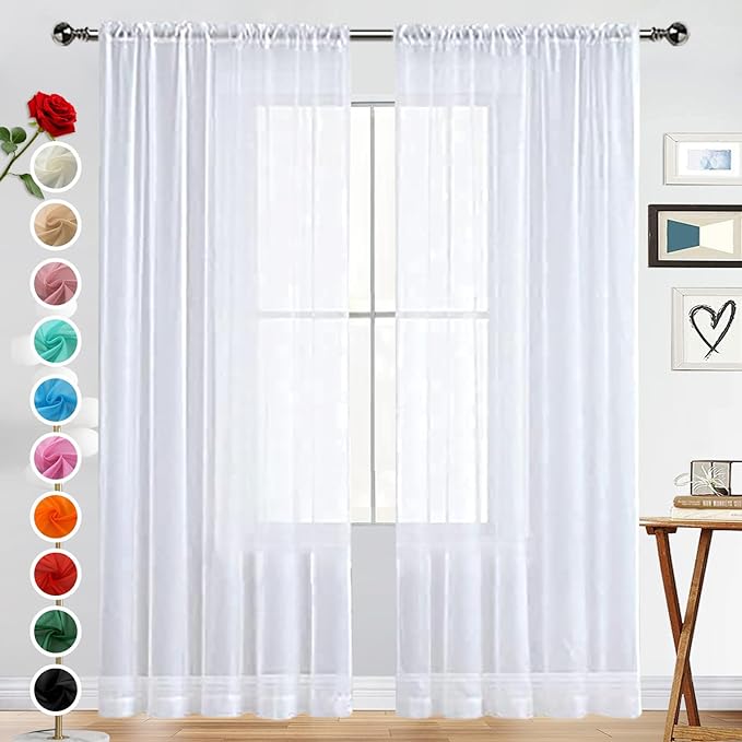 SpaceDresser Basic Rod Pocket Sheer Voile Window Curtain Panels White 1 Pair 2 Panels 70 Width 72 Inch Long for Kitchen Bedroom Children Living Room Yard(White,70 W x 72 L)
