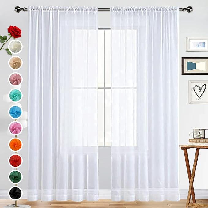 SpaceDresser Basic Rod Pocket Sheer Voile Window Curtain Panels White 1 Pair 2 Panels 60 Width 108 Inch Long for Kitchen Bedroom Children Living Room Yard（White，60Wx 108L）