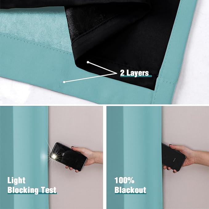 ChrisDowa 100% Blackout Curtains 84 inch Long for Bedroom with Black Liner, 2 Thick Layers Total Blackout Thermal Insulated Grommet Window Curtains 2 Panels Set (Aqua, 52 x 84 Inch)