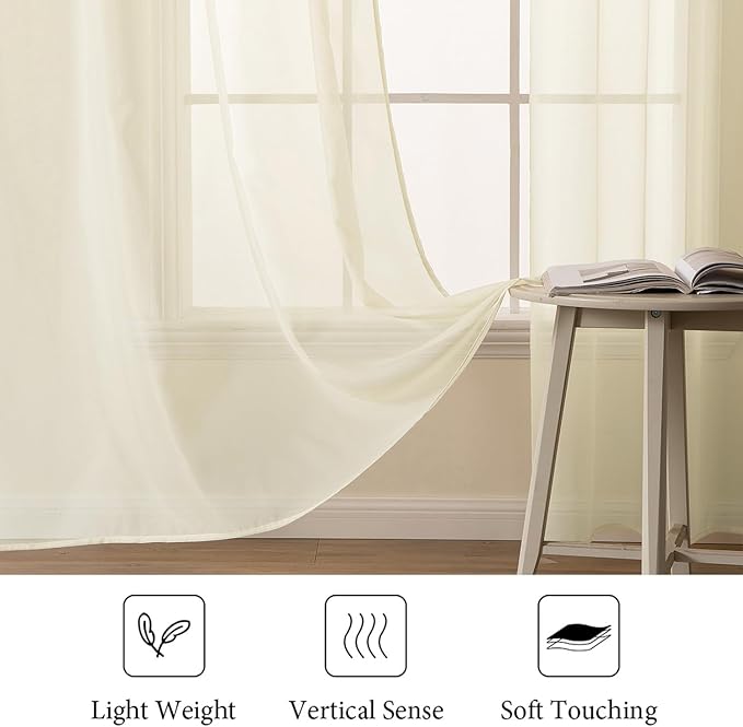 MIULEE Short Sheer Curtains 45 Inches Long, Light Cream Light Filtering Voile Drapes with Rod Pocket for Bathroom Windows, Small Window Treatments, 2 Panels Set