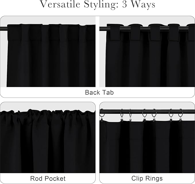 PONY DANCE Black Curtain Panels - 42 Wide by 90 Long, Black Room Darkening Floor Length Window Curtains for Living Room/Bedroom with Back Tab Slot Top Home Decor Draperies, 2 PCs