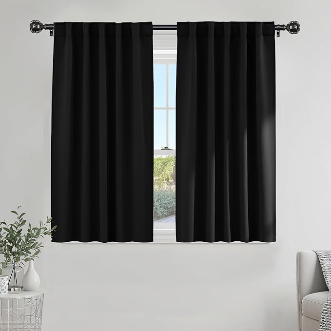 PONY DANCE Window Blackout Curtains - Nursery Drapery Back Tab Rod Pocket Thermal Insulated Short Curtain Panels Home Decoration, 52 Wide x 54 Long, Black, Set of 2