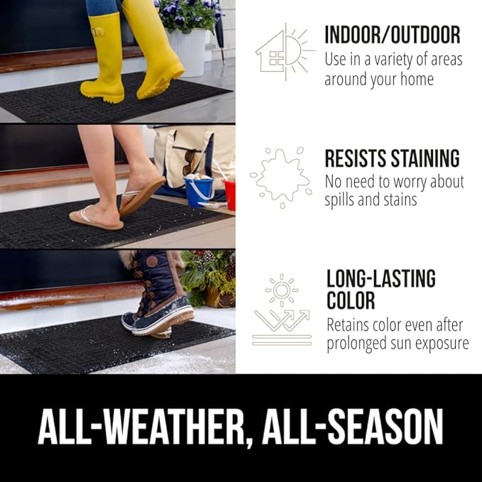 GORILLA GRIP 100% Waterproof All-Season WeatherMAX Doormat US Designed Natural Rubber, Stain and Fade Resistant, Low Profile Indoor Outdoor Door Mats, Easy Clean Patio Mat, 29x17, Black Maze
