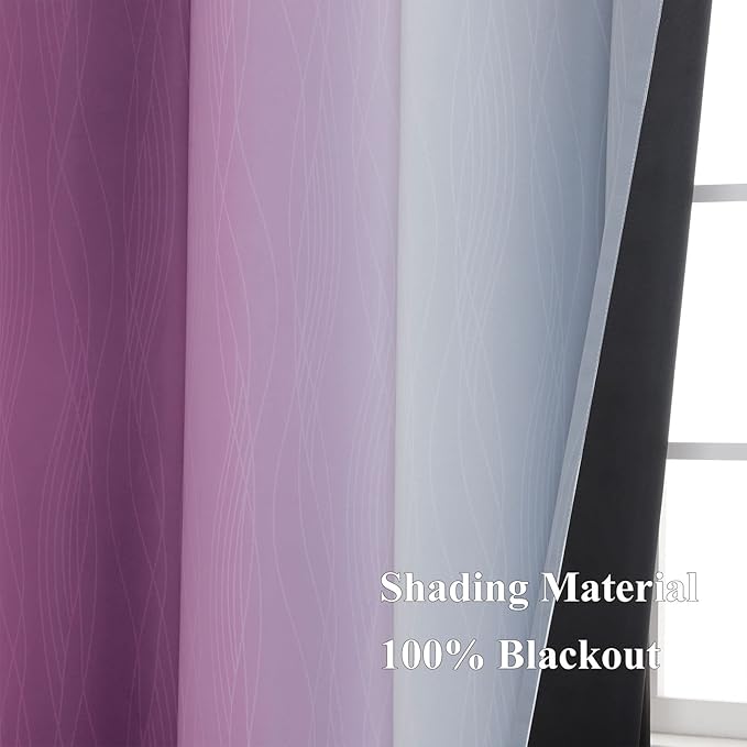 Purple and Grey Blackout Curtains 84 Inches Long,Ombre and Wavy Line Pattern 100% Blackout Curtains for Bedroom,Full Light Blocking Grommet Thermal Insulated Drapes for Kids Room, 42x84 Inch, 2 Panels