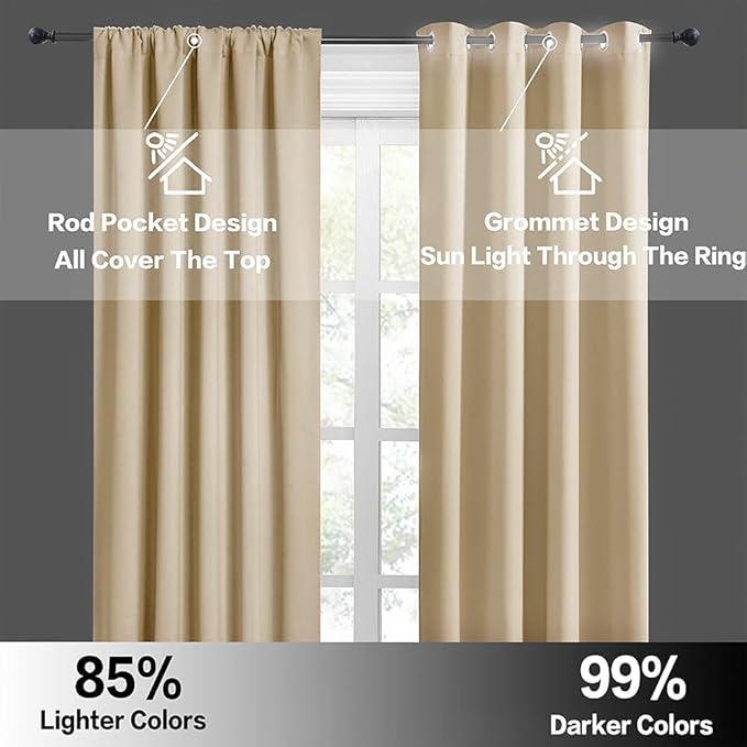 RYB HOME Curtains for Bedroom Living Room 63 inches Long, Thermal Insulated Privacy Rod Pocket Drapes for Nursery Office Home Theater, Width 34 by Length 63, Biscotti Beige, 2 Panels