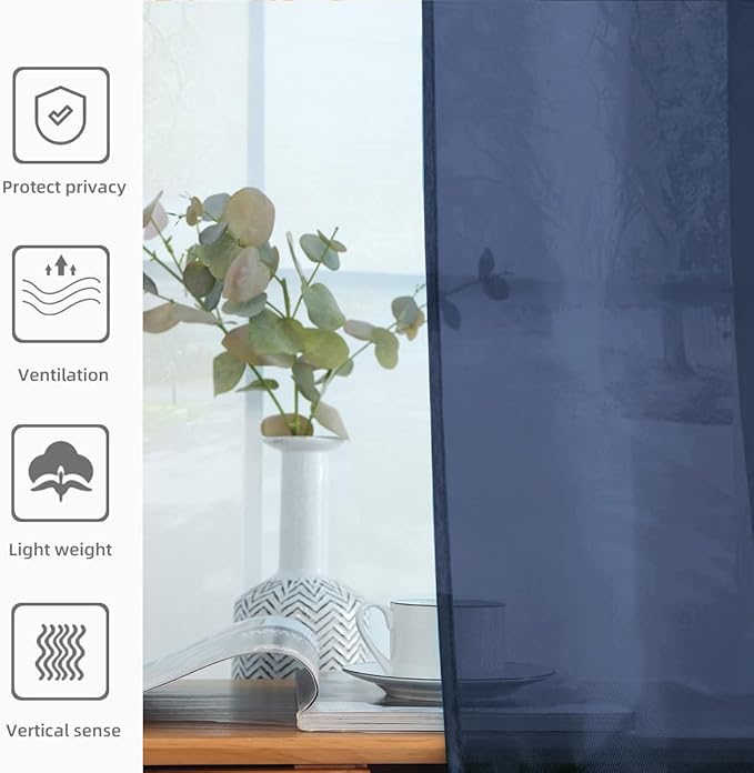SpaceDresser Sheer Voile Window Treatment Rod Pocket Curtain Panels for Kitchen Bedroom Living Room Drapes Sunlight Filtering Privacy Semi Home Decor Assorted Colors Sizes (Navy, 52 W x 45 L)