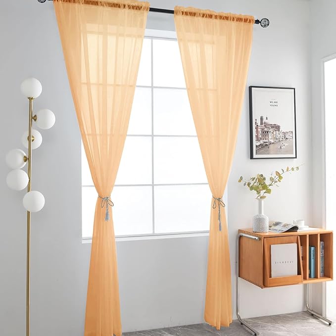 SpaceDresser Sheer Voile Window Treatment Rod Pocket Curtain Panels for Kitchen Bedroom Living Room Drapes Sunlight Filtering Privacy Semi Home Decor Assorted Colors Sizes (Beige, 52 W x 63 L)