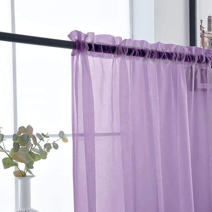 SpaceDresser Sheer Voile Window Treatment Rod Pocket Curtain Panels for Kitchen Bedroom Living Room Drapes Sunlight Filtering Privacy Semi Home Decor Assorted (Lavender, 52 W x 108 L)