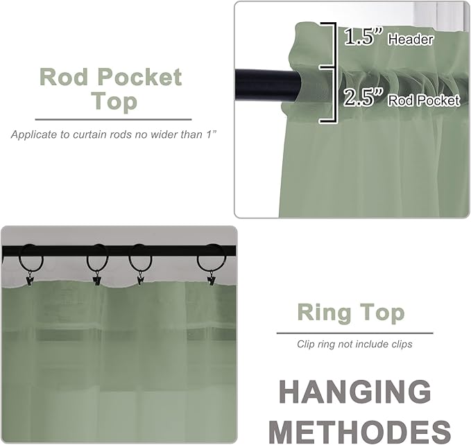 OWENIE Sheer Sage Green Curtains, Sheer Curtains 63 inch Length 2 Panels Set, Rod Pocket Voile Fimly Sheer Drapes for Living Room Bedroom, 2pcs, Sage Green, Each 59" W x 63" L