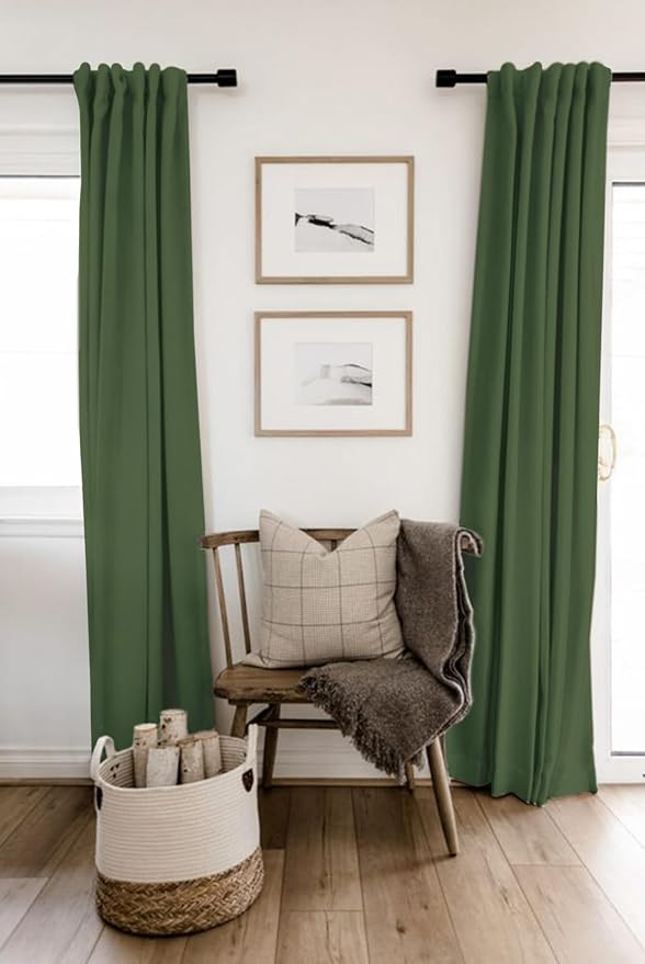 100% Blackout Shield Linen Blackout Curtains for Bedroom 63 Inches Long, Back Tab/Rod Pocket Living Room Drapes, Thermal Insulated Blackout Curtains 2 Panels Set, 50" W x 63" L, Moss Green