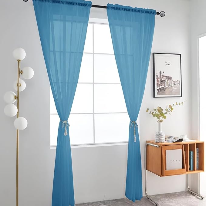 SpaceDresser Basic Rod Pocket Sheer Voile Window Curtain Panels Blue 1 Pair 2 Panels 52 Width 96 Inch Long for Kitchen Bedroom Children Living Room Yard（Blue, 52W x 96L）