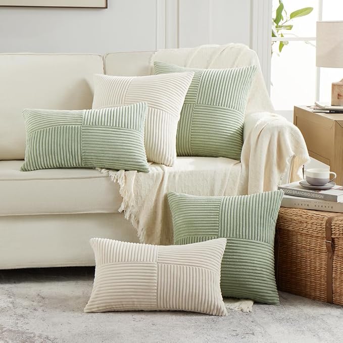 Fancy Homi 2 Packs Sage Green Long Lumbar Decorative Throw Pillow Covers 12x24 Inch for Couch Bed Sofa, Rustic Farmhouse Boho Home Decor, Soft Striped Corduroy Rectangle Accent Cushion Case 30x60 cm