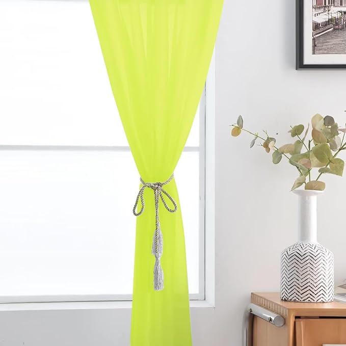 SpaceDresser Basic Rod Pocket Sheer Voile Window Curtain Panels Chartreuse 1 Pair 2 Panels 52 Width 63 Inch Long for Kitchen Bedroom Children Living Room Yard（Chartreuse, 52W x 63L）