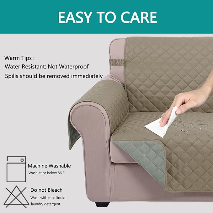 U-NICE HOME Reversible Sofa Cover Couch Cover for Dogs with Elastic Straps Water Resistant Furniture Protector for Pets Couch Cover for 3 Cushion Couch (Sofa, Khaki/Light Grey)