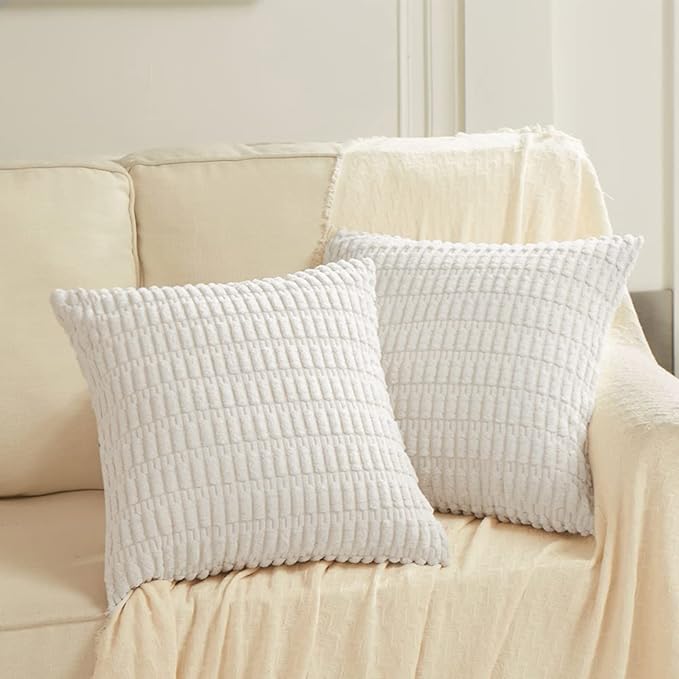 Fancy Homi 4 Packs Pure White Decorative Throw Pillow Covers 16x16 Inch for Living Room Couch Bed, Rustic Modern Farmhouse Boho Home Decor, Soft Plush Corduroy Cute Square Accent Cushion Case 40x40 cm