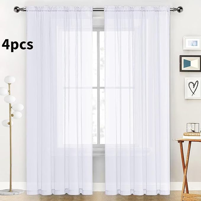 SpaceDresser Optical White Sheer Curtains 4 Panels Rod Pocket Semi-Sheer Curtain 90 Inches Long Light Filtering Voile Window Drapes for Bedroom Living Room Kitchen, Each 52W x 90L