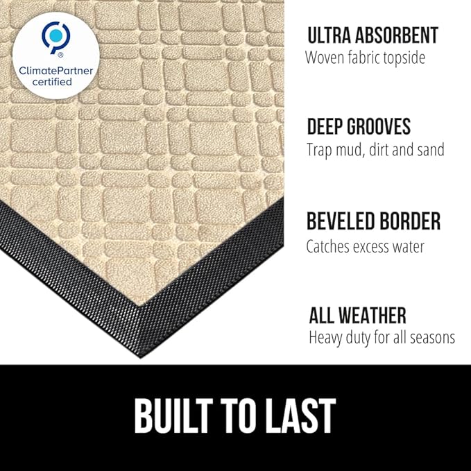 GORILLA GRIP 100% Waterproof All-Season WeatherMAX Doormat, 47x35, US Designed Natural Rubber, Stain and Fade Resistant, Low Profile Indoor Outdoor Door Mats, Easy Clean Patio Mat, Modern Latte