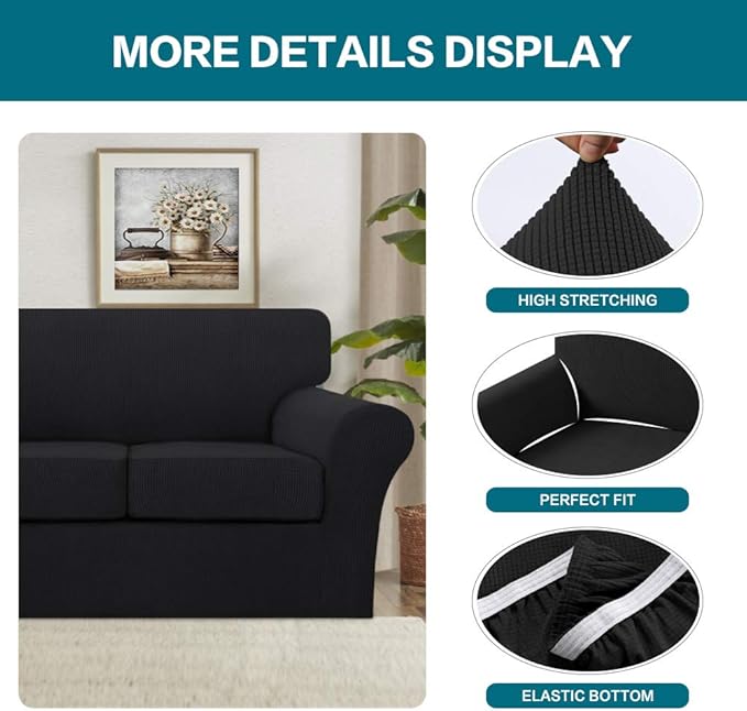 Turquoize 3 Piece Sofa Covers For 2 Cushion Couch Sofa Slipcover Soft Couch Cover For Dogs-Washable Sofa Furniture Covers With 2 Individual Cushion Covers, Feature Thick Fabric (2 Cushion Sofa, Black)