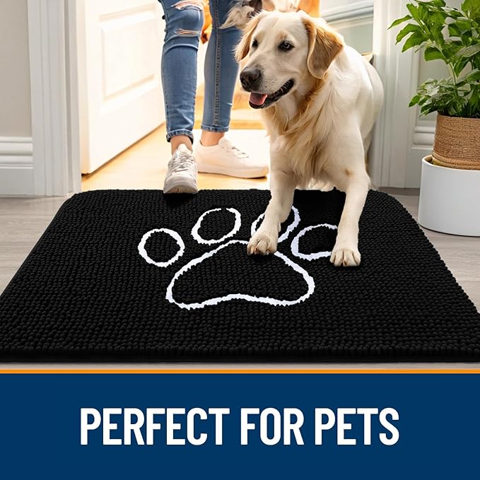 OLANLY Dog Door Mat for Muddy Paws 32x20, Paw Print Design, Absorbs Moisture and Dirt, Absorbent Non-Slip Washable Doormat, Quick Dry Chenille Mud Mat for Dogs, Entry Indoor Entryway Carpet, Black