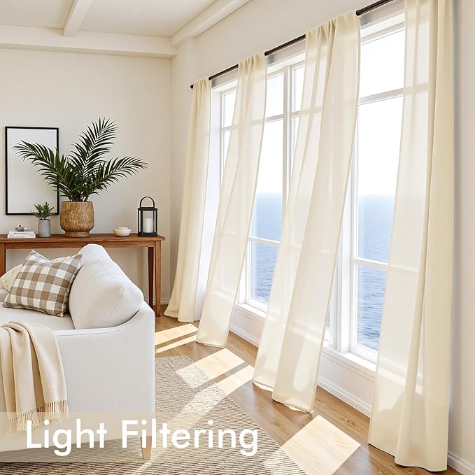 MIULEE Butter Cream Sheer Curtains 90 Inches Long, 4 Panels Set, Rod Pocket Voile Drapes Light Filtering and Semi Transparent, Elegant Window Treatments for Bedroom Living Room,54 x 90 Inches