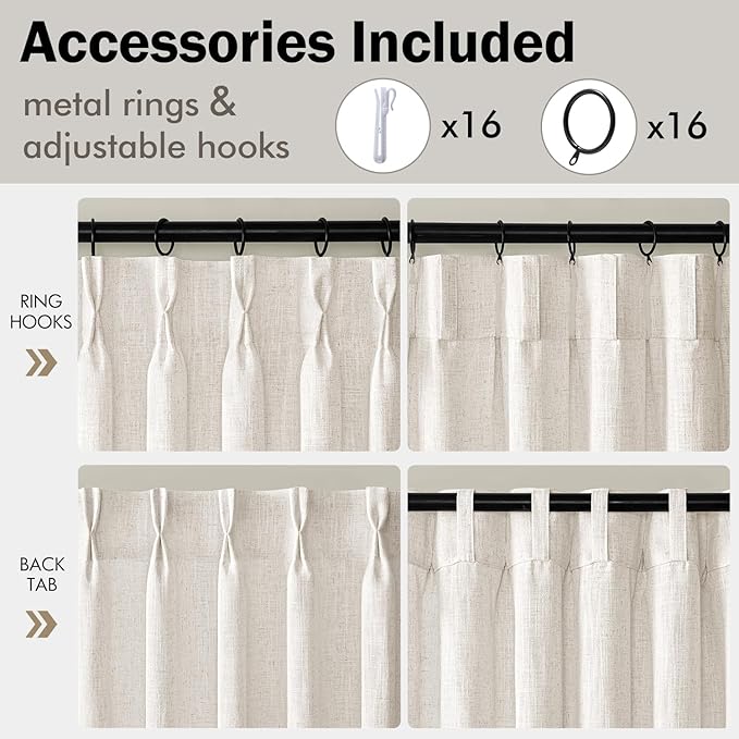 MIULEE Pinch Pleated Thick Linen Curtains 94 Inches Long 2 Panels for Living Room Bedroom, Pinch Pleat Drapes Back Tab Light Filtering Floor to Ceiling Semi Sheer Natural Farmhouse Window Curtains