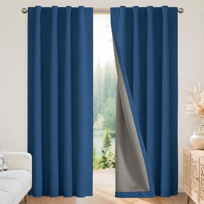 Joydeco Blackout Curtains for Bedroom - 100% Light Blocking 2 Panels Navy Blue Drapes 37" W x 90" L, Thermal Insulated Room Darkening Curtains, Linen Textured for Living Room, Rod Pocket & Back Tabs