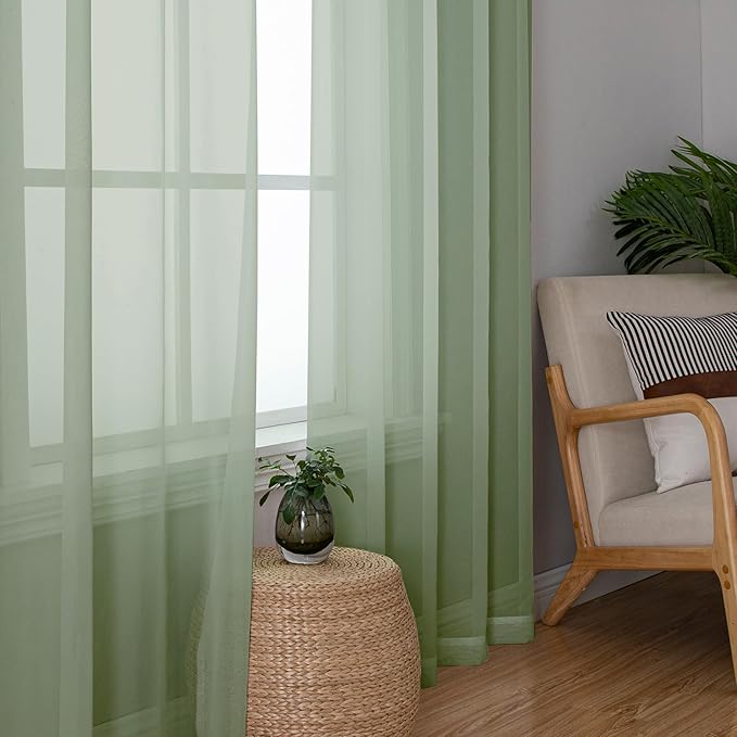 Simplebrand Sage Green Sheer Curtains 90 Inches Long 2 Panels, Light Filtering Rod Pocket Solid Color Window Sheer Curtain Panels, Elegant Curtains & Drapes for Living Room, Bedroom, 59" W x 90" L