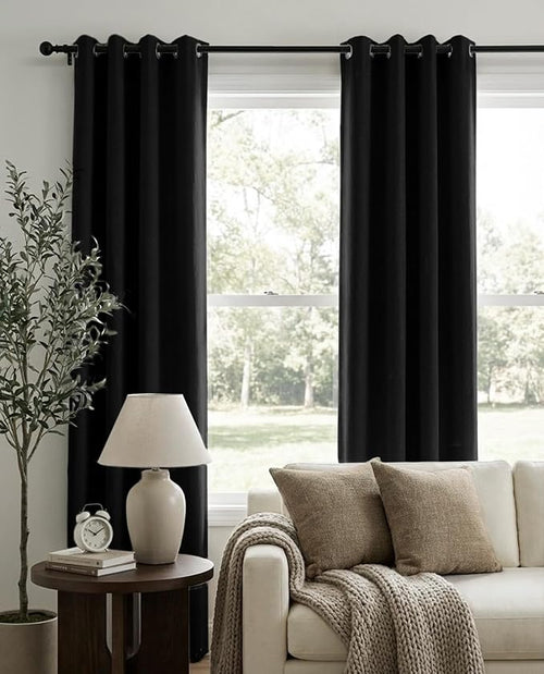100% Blackout Shield Linen Blackout Curtains for Bedroom, Black Grommet Curtains for Living Room, Thermal Insulated Room Darkening Drapes for Nursery, Boho Home Decor, 50" W x 84" L, 2 Panels