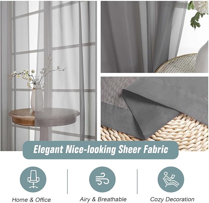 Grey Sheer Curtains for Window 72 inches Long 2 Panels Set, Soft Airy Modern Light Filtering Sheer Curtains for Living Room Bedroom, Dual Rod Pocket Solid Window Drapes, 2x42Wx72L inches