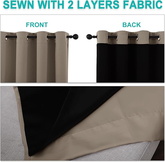 NICETOWN 100% Blackout Short Curtains with Black Liners, Solid Thermal Insulated Full Blackout 2-Layer Lined Drapes, Energy Efficiency Window Draperies for Bedroom (2 Panels, 37" W by 63" L, Taupe)